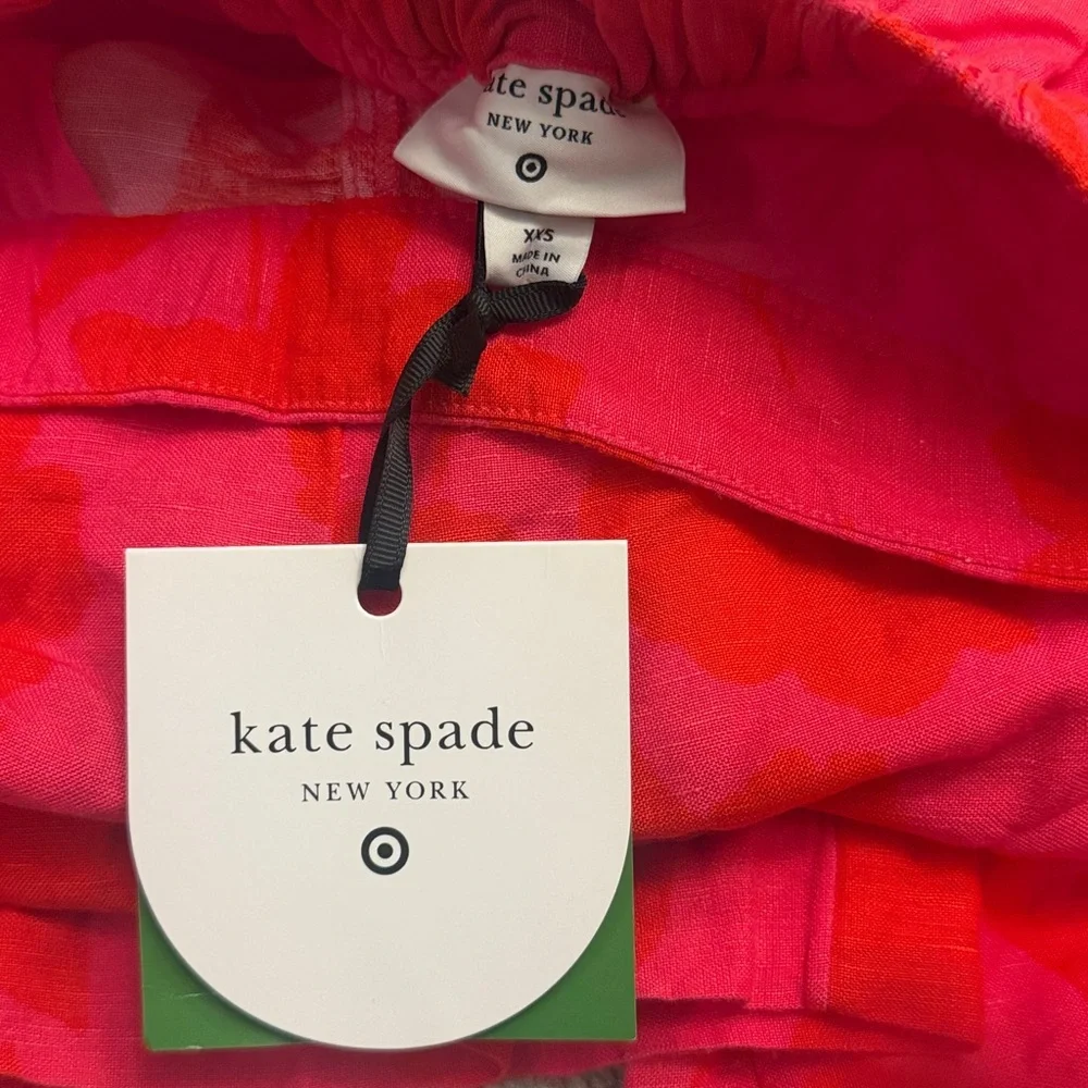 Kate Spade Classic Rose Wide-Leg Linen Floral Print Trousers Pink & Red